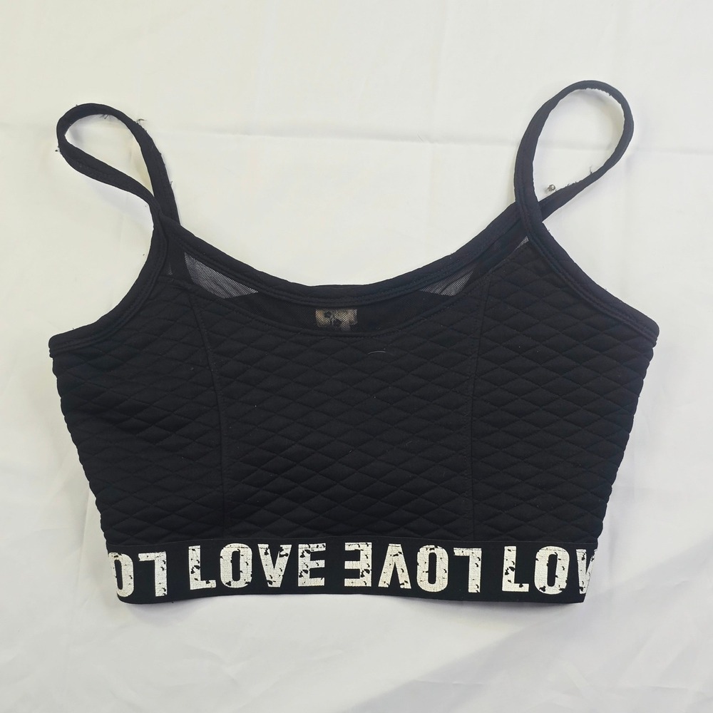 Topia Women's Quilted Crop Top Large Black Love Graphic Mesh Trim C78